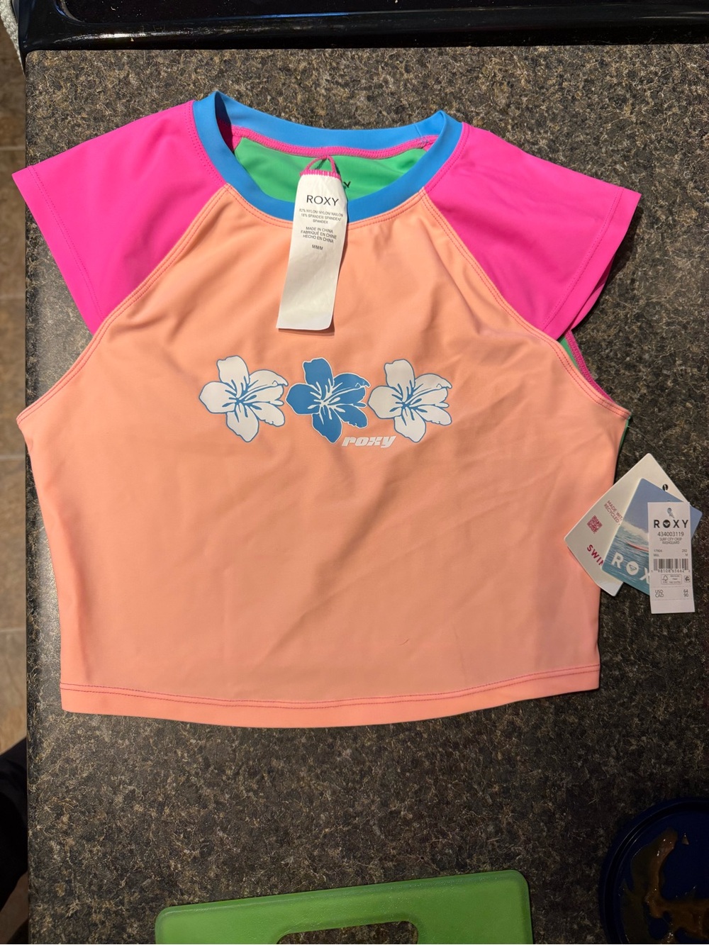 Roxy Peach Rash Guard with Pink Sleeves and Blue Trim
